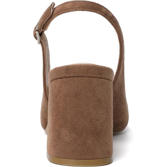 Women's Brown 1 Pointed Closed Toe Slingback Chunky Heels Office Work Pump Shoes - Picture 6 of 9